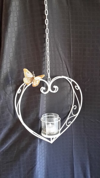 White hanging heart candle holder