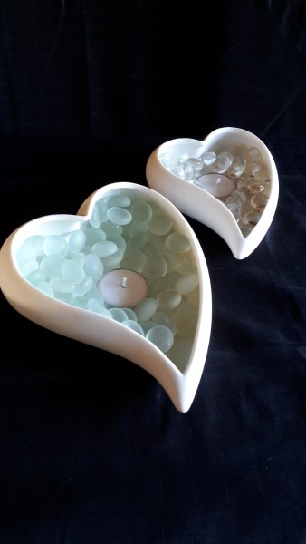 White heart shape candle dishes (2)